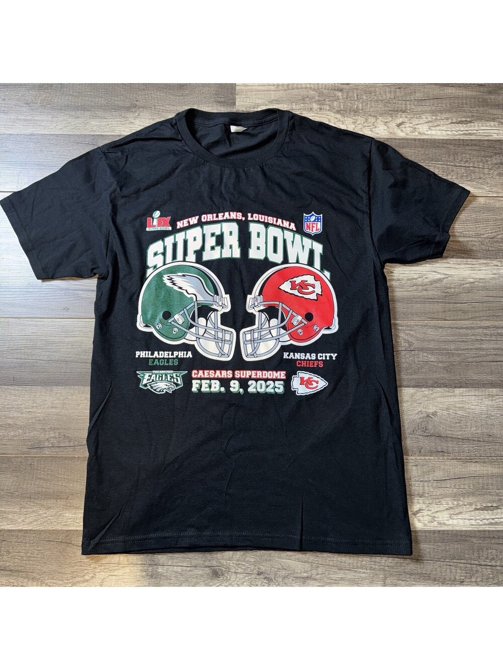 Super Bowl LIX Eagles vs Chiefs T-Shirt Mens Small NFL History Black 2025 NEW